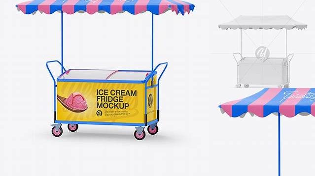 7634+ Ice Cream Fridge With Awning PSD Mockup Half-Side View High-Resolution Editable PSD