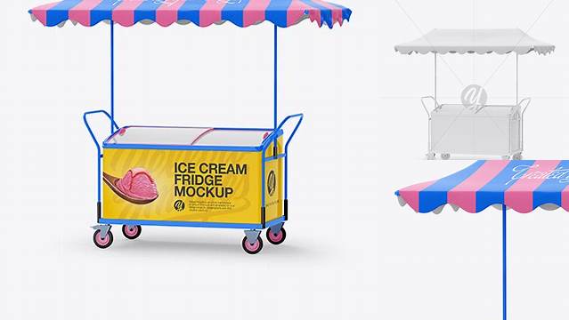 7634+ Ice Cream Fridge With Awning PSD Mockup Half-Side View High-Resolution Editable PSD