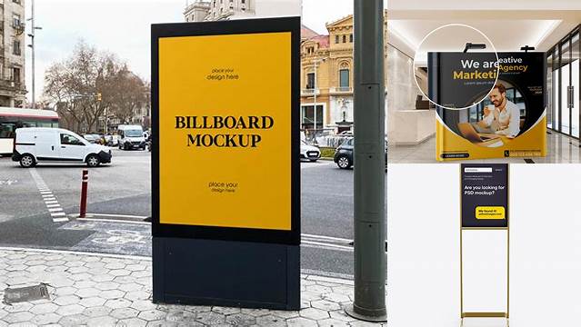 766+ Metallic Street Stand PSD Mockup Front View Smart Object-Based PSD Template Free