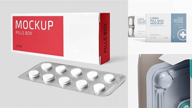 7664+ Pills Box With Transparent Blister PSD Mockup Half Side View Download Free Premium Design PSD