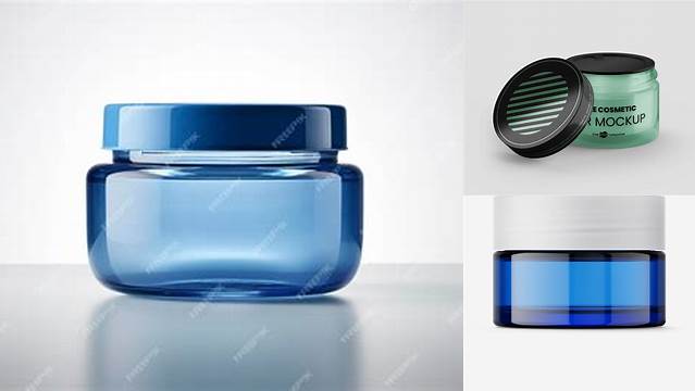 7666+ Blue Glass Cosmetic Jar PSD Mockup Front View Free Digital Resource for Designers