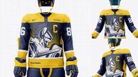 7667+ Men’s Full Ice Hockey Kit with Stick PSD Mockup Front View Exclusive Free Photoshop Asset