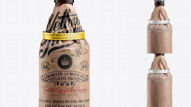 7672+ 33cl Steinie Beer Bottle Wrapped in Kraft Paper with Ribbon PSD Mockup Free Mockup PSD Template