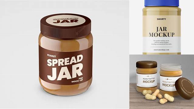 7680+ Glass Jar with Peanut Butter PSD Mockup Front View Creative High-Resolution PSD Freebie