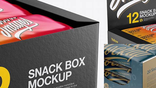 7692+ 20 Snack Bars Display Box PSD Mockup Halfside View High-Angle Shot Digital Photoshop Free Mockup