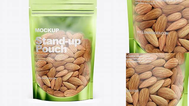 7712+ Glossy Transparent Stand-Up Pouch with Almond Nuts PSD Mockup Front View Custom Design Freebie PSD