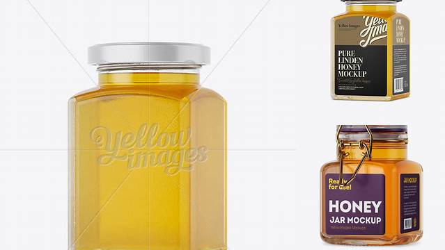 7741+ Pure Linden Honey Glass Jar PSD Mockup Halfside View Custom Graphic Resource Free Download