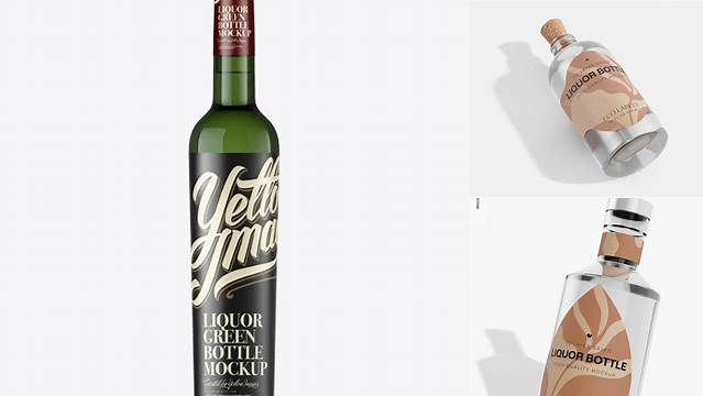 7746+ Green Glass Liquor Bottle PSD Mockup Front View Professional Quality PSD Freebie