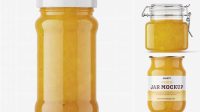 7756+ Clear Jar with Yellow Jam PSD Mockup High Angle Shot Creative Design Mockup