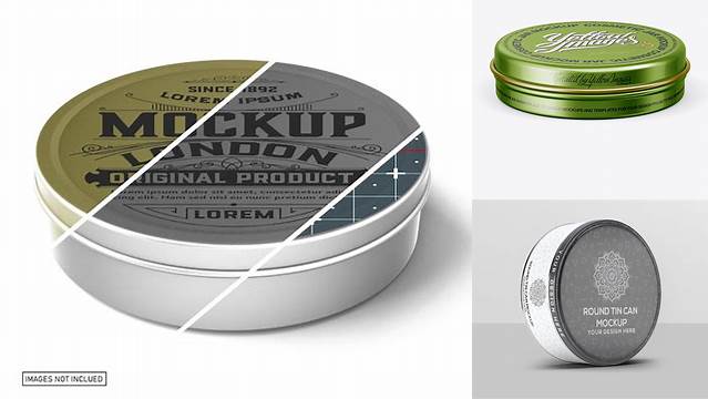 7756+ Metal Round Tin Can PSD Mockup Front View Fully Customizable Photoshop Freebie