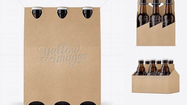 7817+ Kraft Paper 6 Pack Amber Bottle Carrier PSD Mockup Half Side View High Angle Shot Exclusive Free Photoshop Mockup