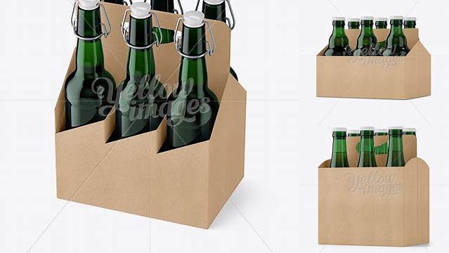 7826+ Kraft 6 Pack Green Bottle Carrier PSD Mockup Halfside View High-Quality Editable PSD