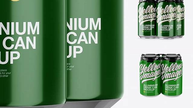 7828+ Pack of 4 Glossy Cans with Plastic Holder PSD Mockup Half Side View Customizable PSD Templates