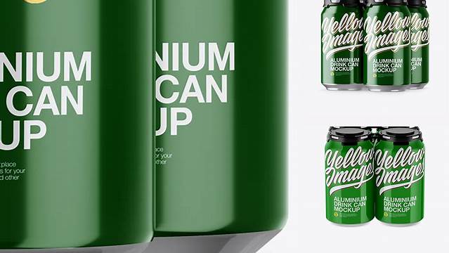 7828+ Pack of 4 Glossy Cans with Plastic Holder PSD Mockup Half Side View Customizable PSD Templates