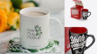 7840+ Opened Box With Mug PSD Mockup-Half Side View High-Angle Shot Free Editable Photoshop Template