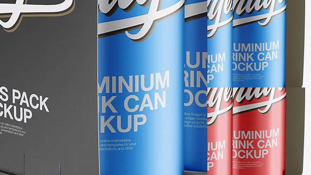 7848+ Carton Carrier with 4 Matte Metallic Cans PSD Mockup Half Side View Professional Quality Freebie PSD File