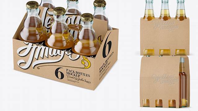 7863+ Kraft Paper 6 Pack Beer Bottle Carrier PSD Mockup Halfside View Smart Object-Based PSD Template Free