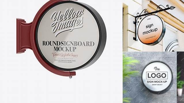 7868+ Glossy Round Signboard PSD Mockup Half Side View Smart Object Free Photoshop File