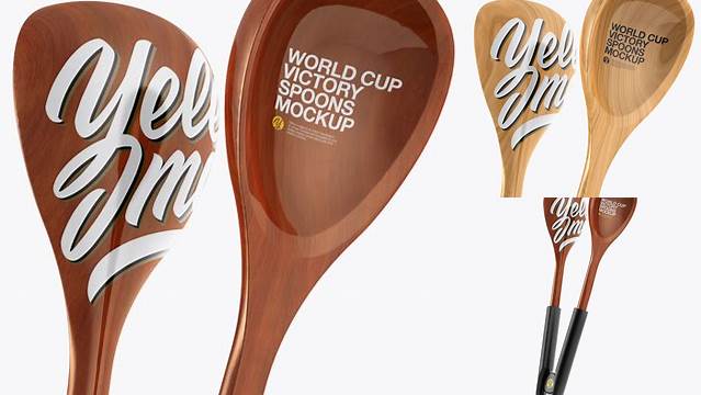 7899+ Wooden World Cup Victory Spoons PSD Mockup Half Side View High-Angle Shot Editable Photoshop File