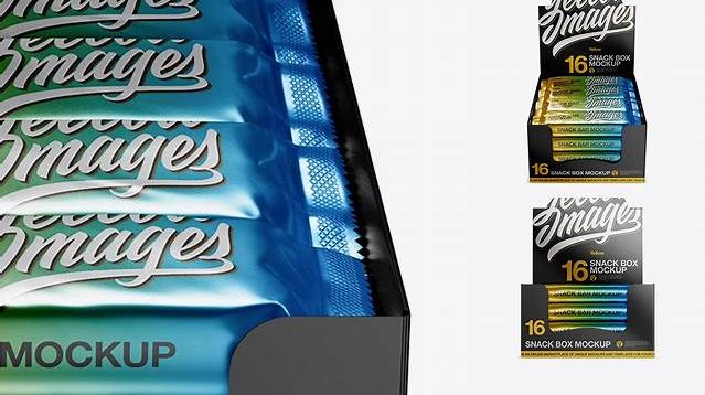 7911+ 16 Snack Bars Metallic Display Box PSD Mockup Front View High-Angle Shot Free Design Resource