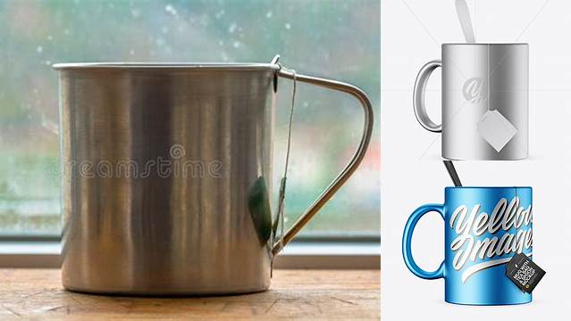 7927+ Metallic Mug With Tea Bag & Spoon PSD Mockup High-Angle Shot Download Exclusive PSD Mockups