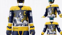 7987+ Men’s Full Ice Hockey Kit with Stick PSD Mockup Front View High-End Layered Mockup Free