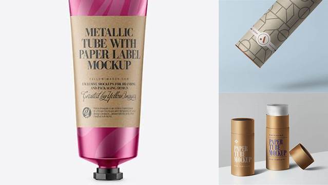 8001+ Matte Metallic Tube With Kraft Paper Label PSD Mockup Front View Editable and Customizable PSD