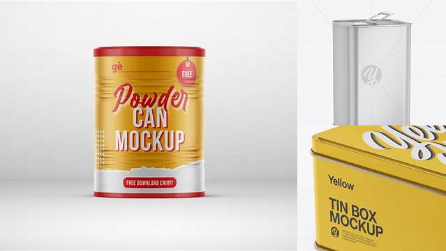 8002+ Metallic Tin Can PSD Mockup Half Side View High-Angle Shot Smart Layer PSD