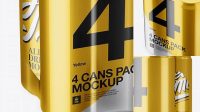 8005+ 4 Cans in Metallic Shrink Wrap PSD Mockup Half Side View High Angle Shot Easy-to-Edit Photoshop Freebie