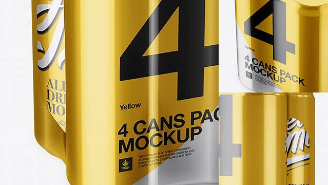 8005+ 4 Cans in Metallic Shrink Wrap PSD Mockup Half Side View High Angle Shot Easy-to-Edit Photoshop Freebie