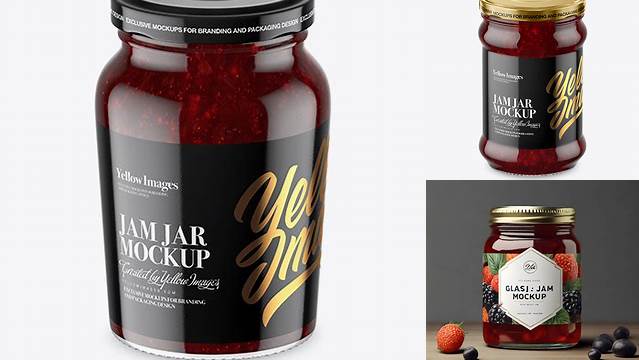 8013+ Clear Glass Jar with Cranberry Jam PSD Mockup High-Angle Shot Unique and Editable PSD