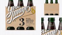 8013+ Kraft Paper 3 Pack Dark Green Bottle Carrier PSD Mockup Halfside View Smart Object-Based PSD Template Free