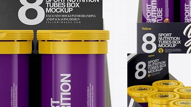 8016+ 8 Glossy Sport Nutrition Tubes Display Box PSD Mockup Fully Editable PSD Template