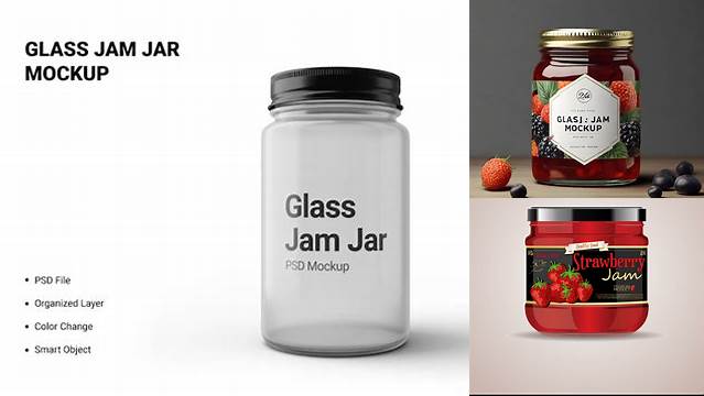 8018+ Glass Strawberry Jam Jar PSD Mockup Front View Premium Mockup Freebie