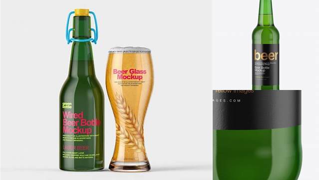 8023+ Green Glass Bottle With Lager Beer PSD Mockup High-Resolution Graphic