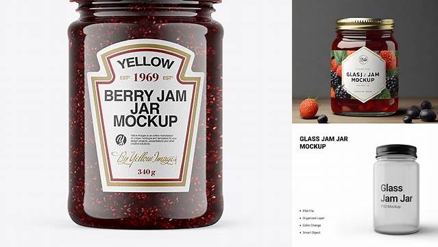 8030+ Clear Glass Jar with Raspberry Jam PSD Mockup High-Angle Shot Best Free Mockup PSD