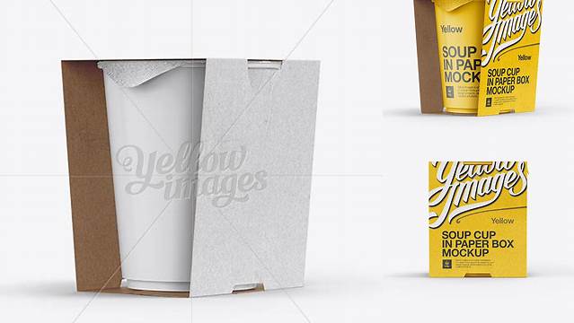 8030+ Soup Cup in Paperboard Box PSD Mockup / Side View Eye-Level Shot Modern PSD Templates