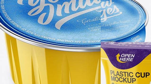 8109+ Glossy Plastic Cup With Foil Lid PSD Mockup High-Angle Shot Custom Mockup Graphic Design