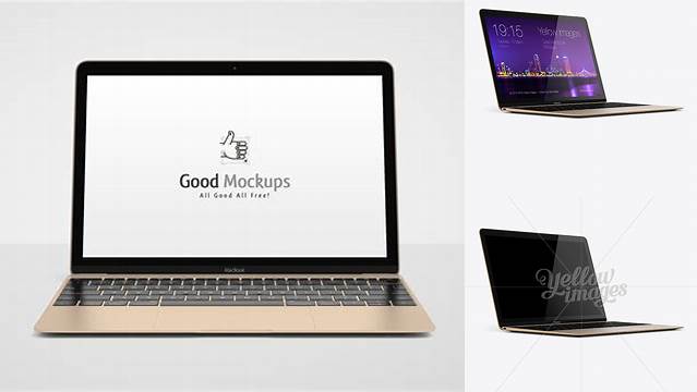 8118+ Apple MacBook Gold PSD Mockup 3/4 Left View Creative Free PSD Graphic Design