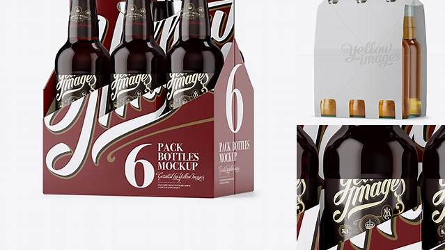 8123+ White Paper 6 Pack Amber Bottle Carrier PSD Mockup Halfside View High Angle PSD for Creative Projects