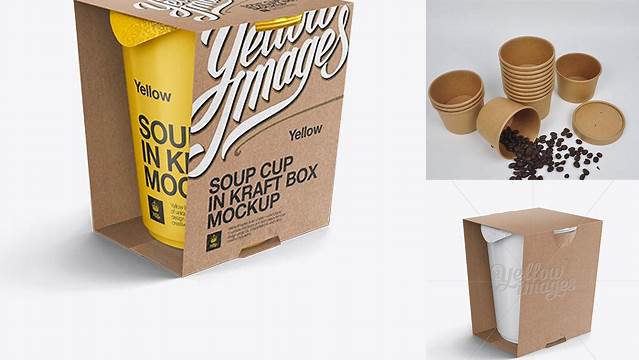 8170+ Soup Cup in Kraft Box PSD Mockup / Front 3/4 View High-Angle Shot Stylish Free PSD