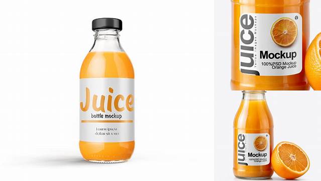 8176+ Clear Glass Orange Juice Bottle PSD Mockup Smart Design Template Free