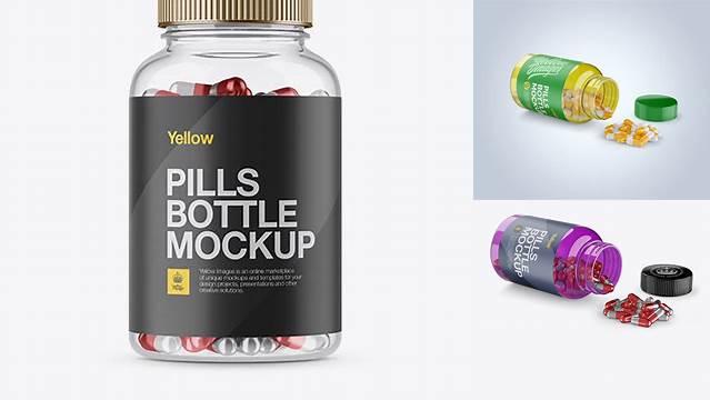 8203+ Opened Transparent Bottle with Metallic Pills PSD Mockup Exclusive Free Photoshop Asset