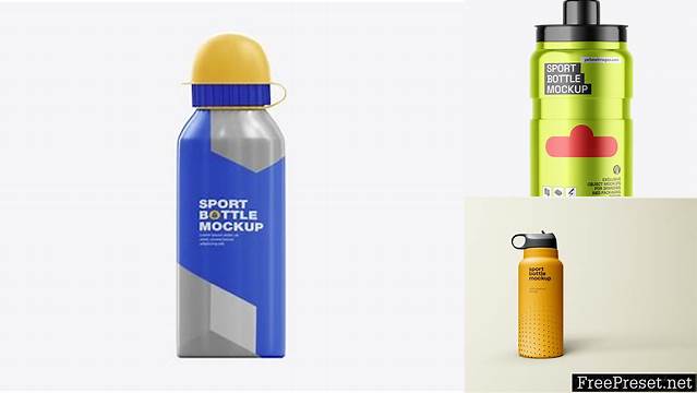 8206+ Metallic Sport Bottle PSD Mockup Front View Advanced Photoshop Template