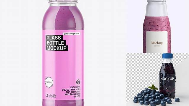 8207+ Glass Bottle with Blueberry Smoothie PSD Mockup Free Premium Photoshop Template Download