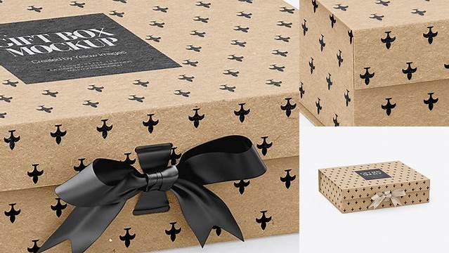 8220+ Kraft Gift Box With Bow PSD Mockup Half Side View High-Angle Shot Best Free Mockup PSD