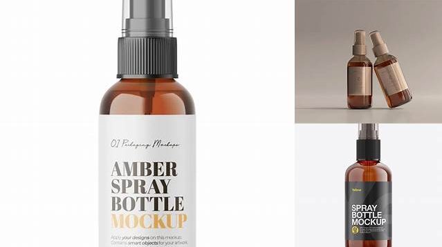 8225+ Amber Spray Bottle PSD Mockup Halfside View Exclusive Editable PSD File