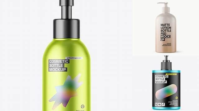 8226+ Matte Metallic Cosmetic Bottle With Pump PSD Mockup Half Side View Easy-to-Edit PSD