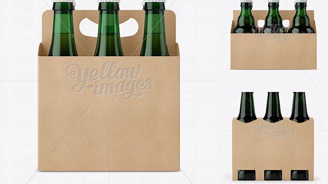 8244+ Kraft Paper 6 Pack Green Glass Bottle Carrier PSD Mockup Halfside View High-Angle Shot High-Quality PSD Files