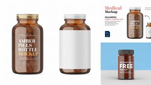 8290+ Amber Glass Pills Bottle PSD Mockup Customizable Layered Design PSD